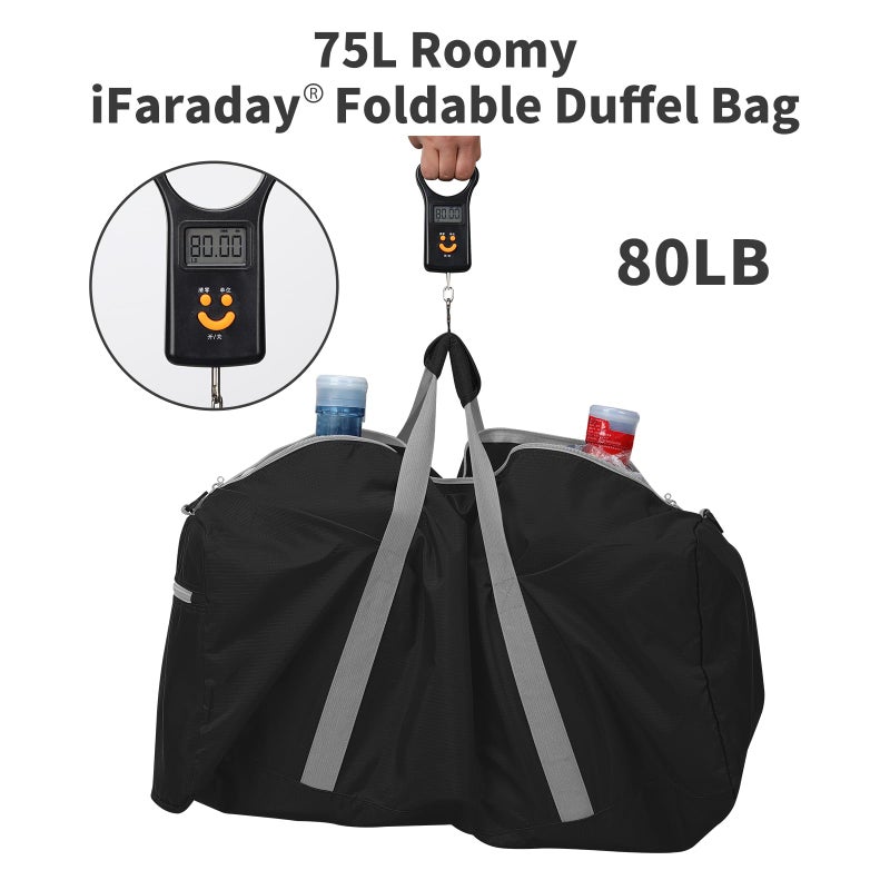 iFARADAY Foldable Duffel Bag 30 inch 75L Large Lightweight Luggage for Travel Camping Storage-Black - Image 5